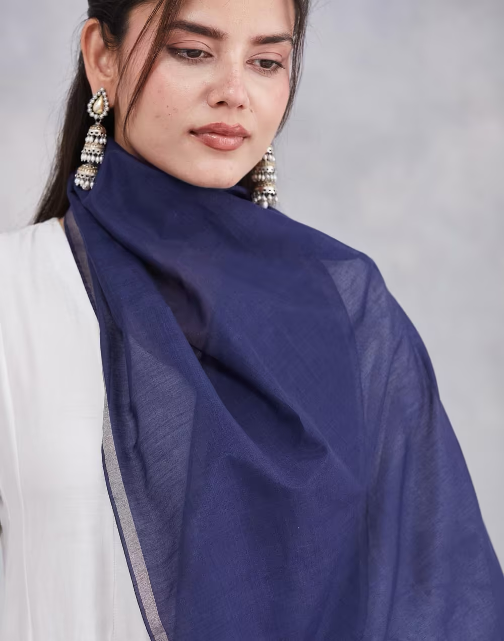 Navy Cotton Silk Blend Hand Woven Stole