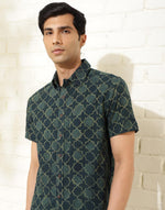Green Cotton Dabu Printed Bush Shirt