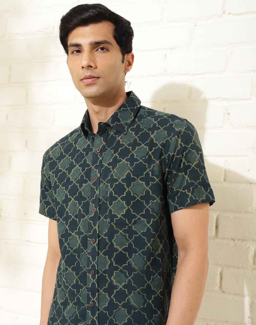 Green Cotton Dabu Printed Bush Shirt