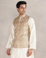 Beige Silk Hand Block Printed Nehru Jacket