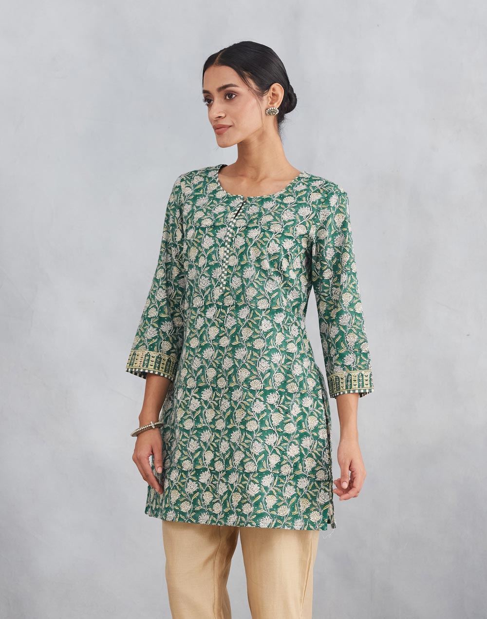 Teal Cotton Hand Block Printed Slim Fit Short Kurta