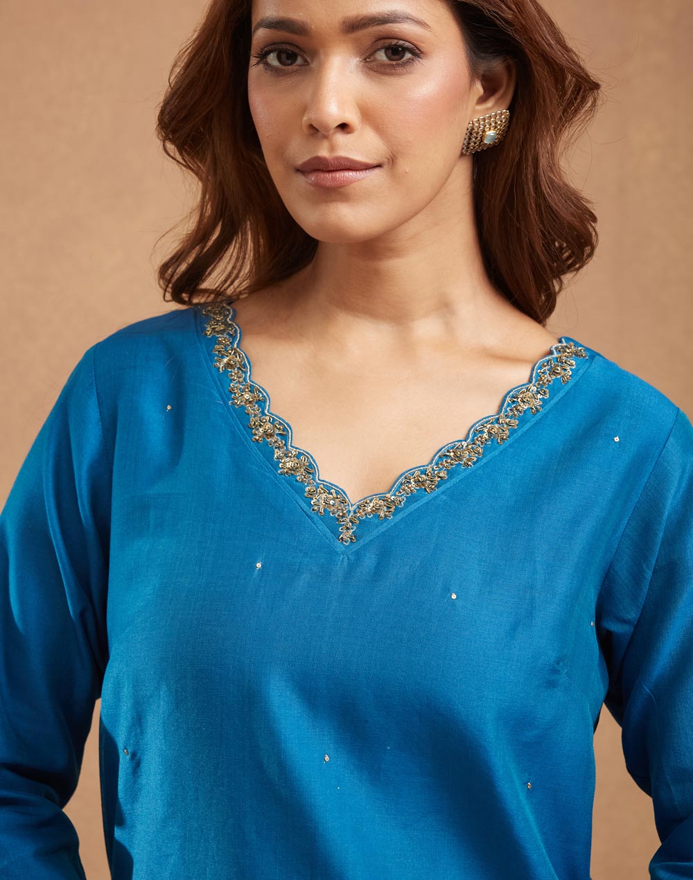 Blue Cotton Silk Hand Embroidered Long Kurta