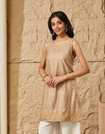 Beige Viscose Silk Hand Block Printed Slim Fit Short Kurta