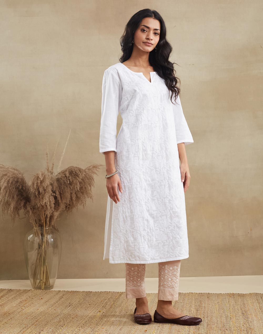 White Cotton Chikankari Long Kurta