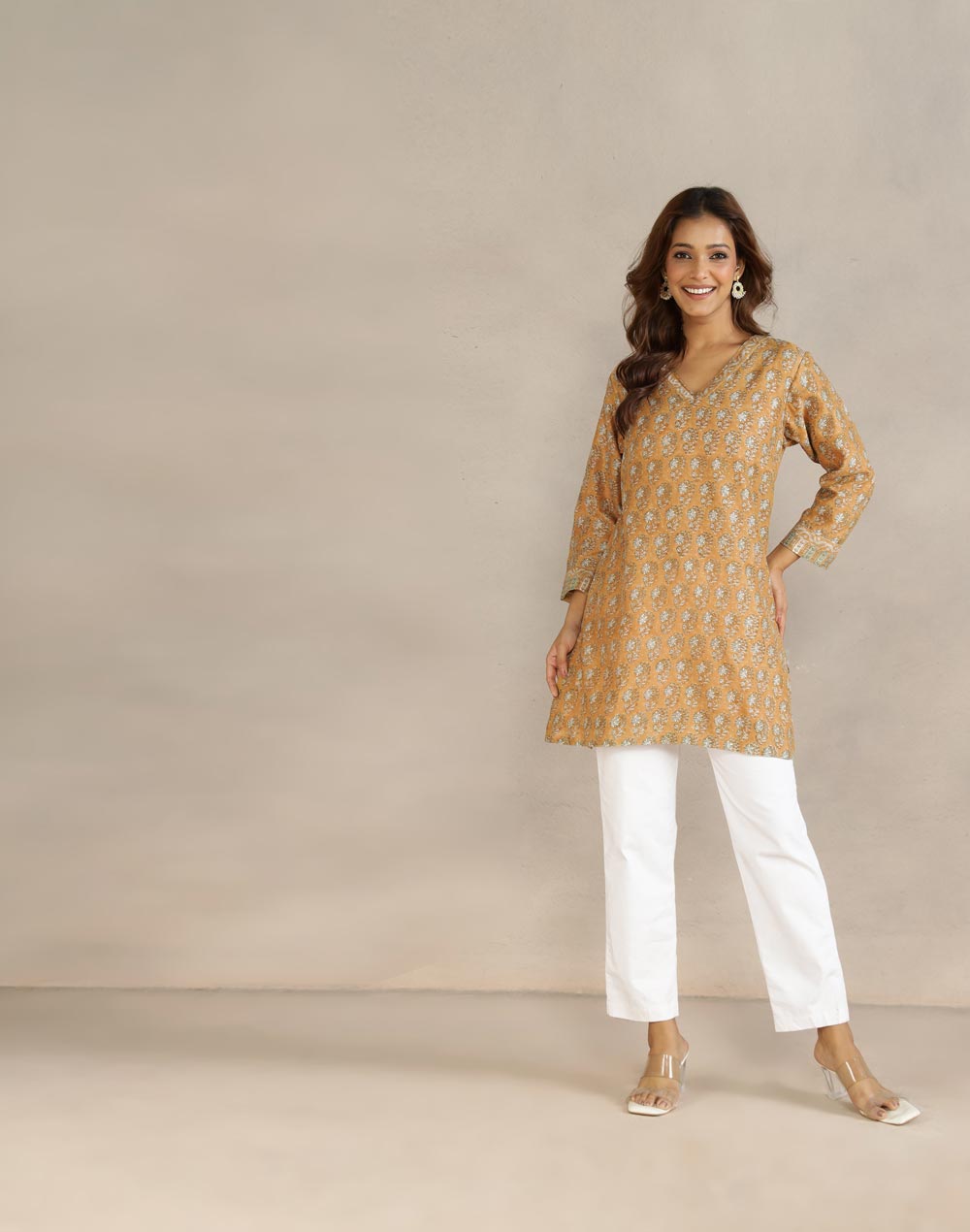 Mustard Cotton Silk Hand Block Printed Short Kurta