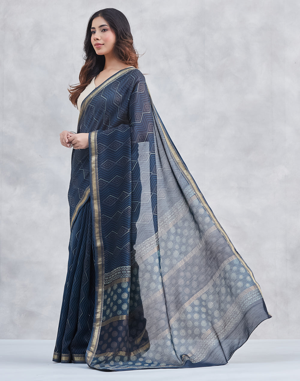 Indigo Cotton Silk Blend Hand Block Printed Sari