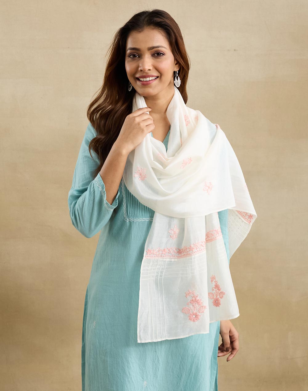 White Cotton Silk Blend Chikankari Stole