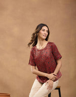 Maroon Viscose Blend Ajrakh Printed Arcadian Top