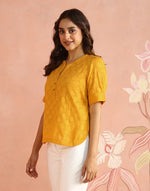 Mustard Top with Chinese collar placket and elbow sleeves