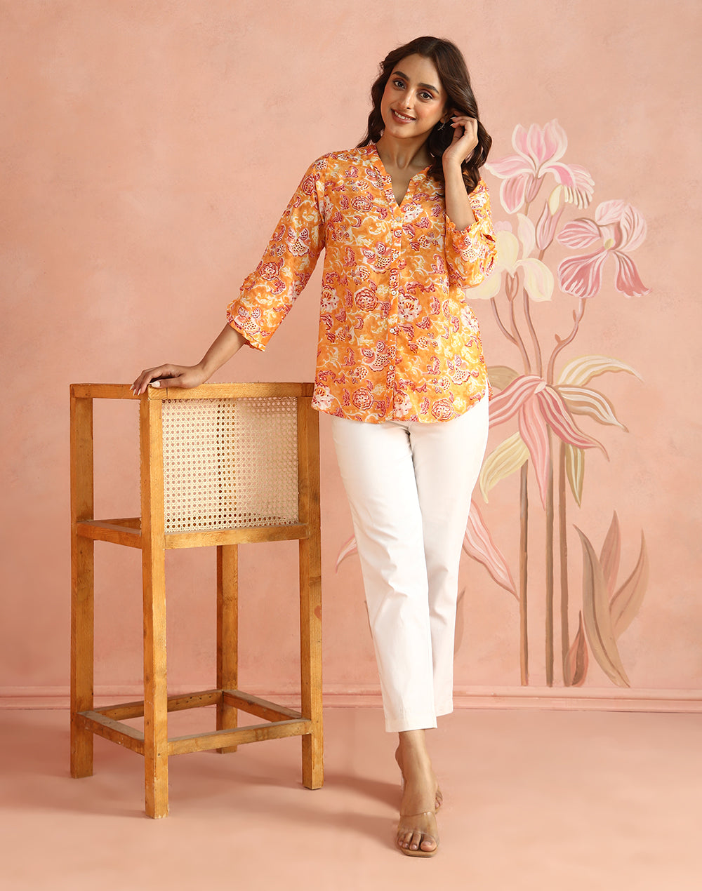 Peach Block Print Floral Shirt styled for festive occasions