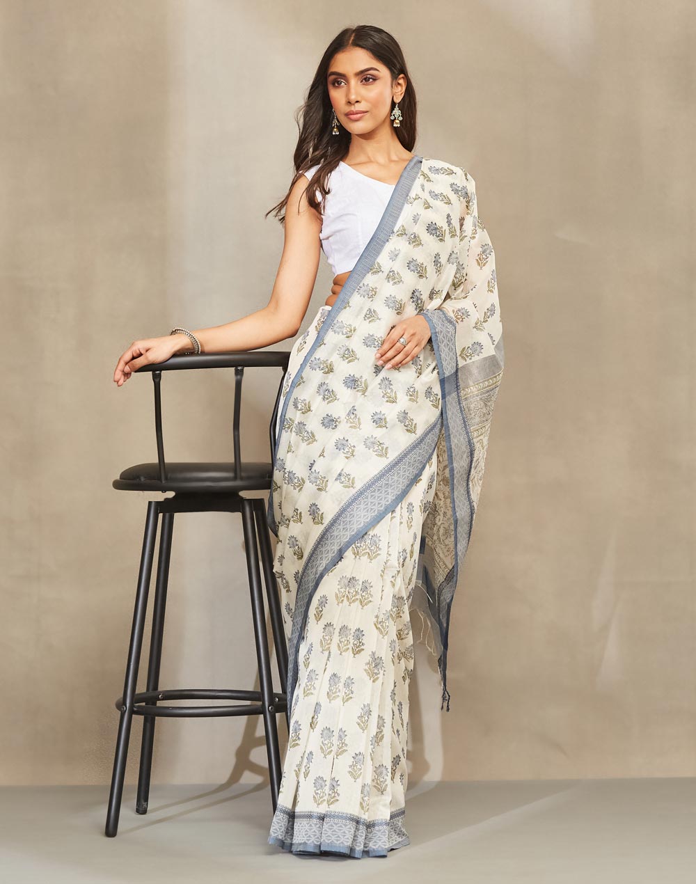 Blue Cotton Silk Blend Hand Block Print Sari