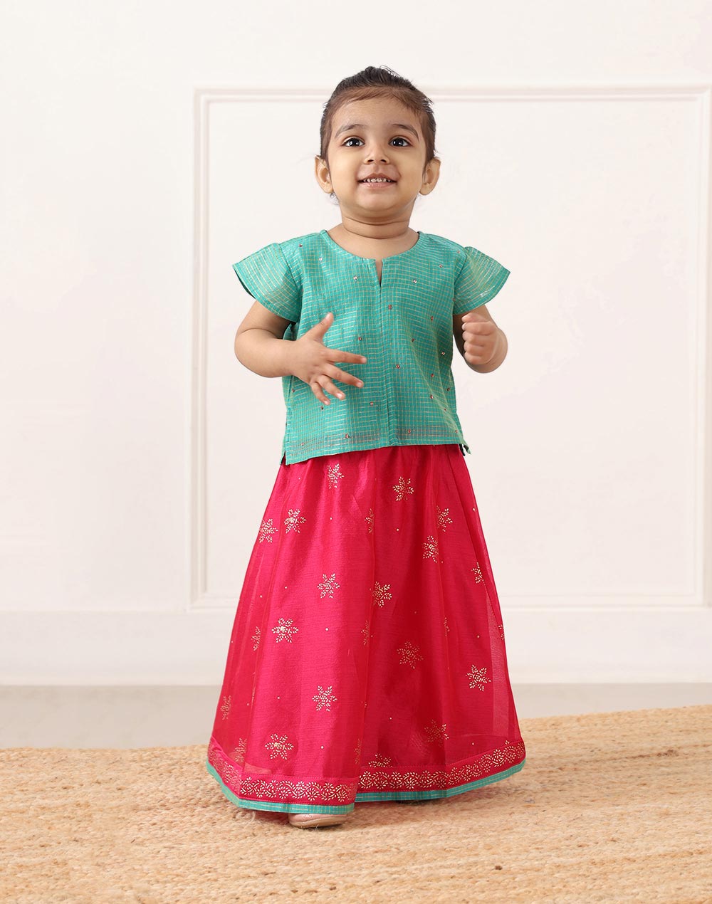 Pink Cotton Silk Blend Hand Block Printed 2pc Lehenga Set