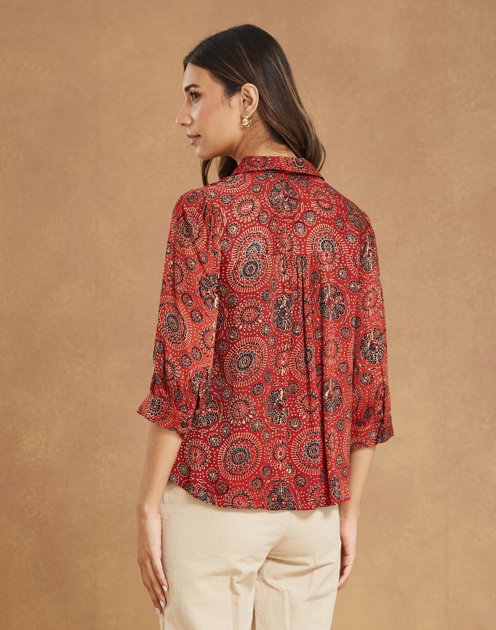 Red Rayon Blend Ajrakh Printed Helen Top