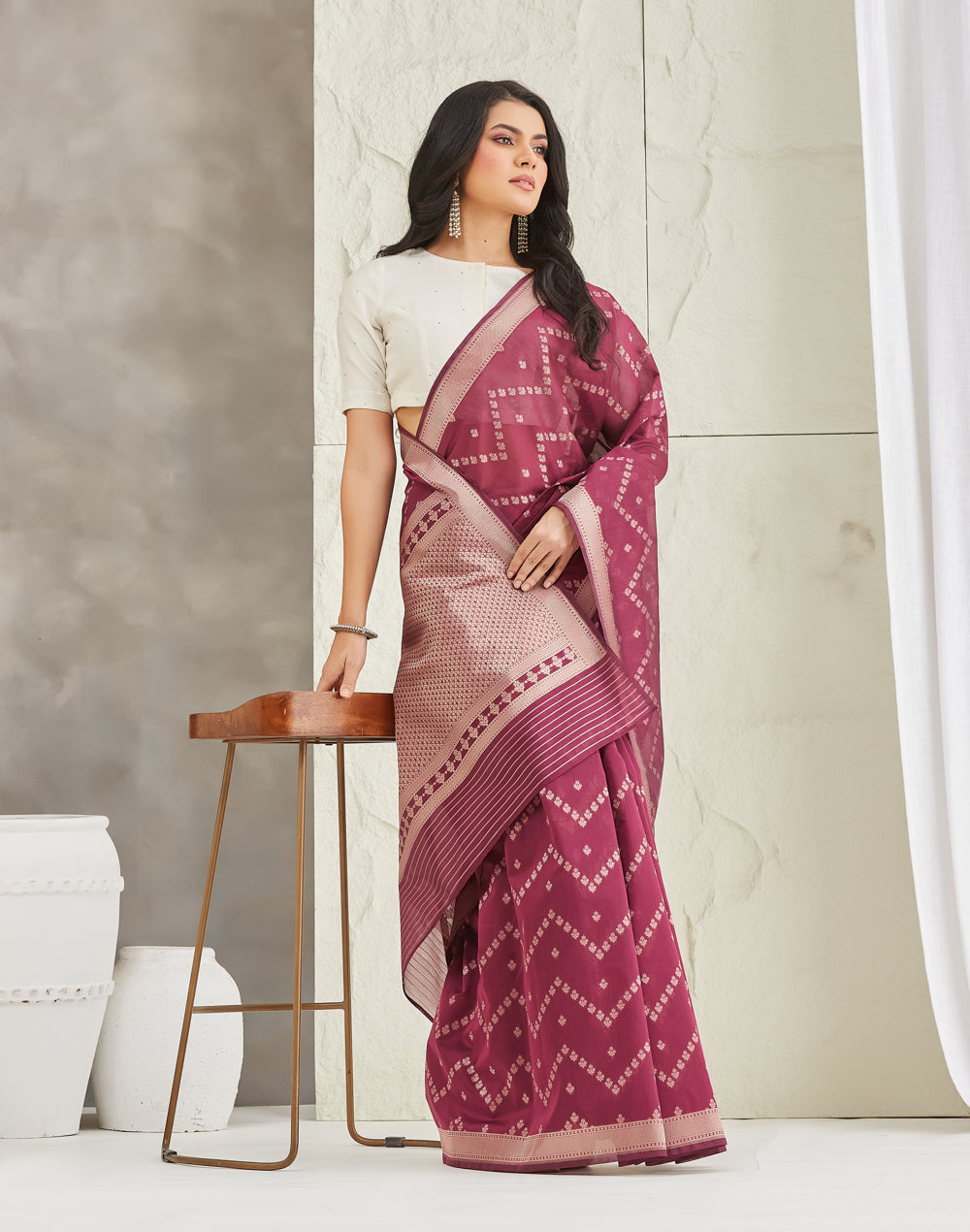 Wine Cotton Silk Blend Banarsi Sari