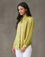 Green Block Print Floral Shirt with shirt collar and full sleeves