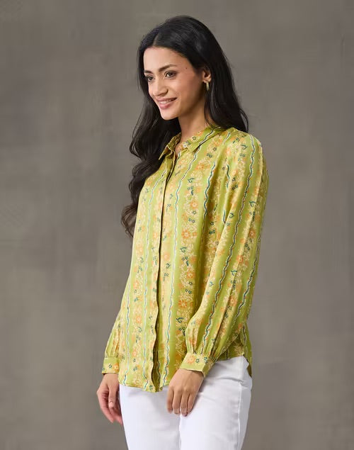 Green Block Print Floral Shirt with shirt collar and full sleeves