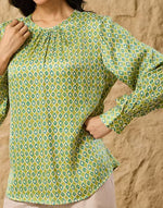 Green Rayon Block Print Geometric Top for Women with a hand block geometric print