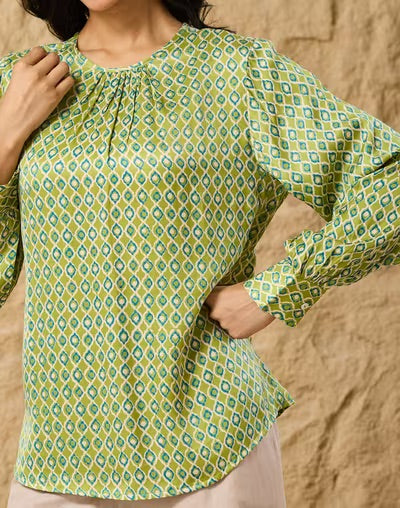 Green Rayon Block Print Geometric Top for Women with a hand block geometric print