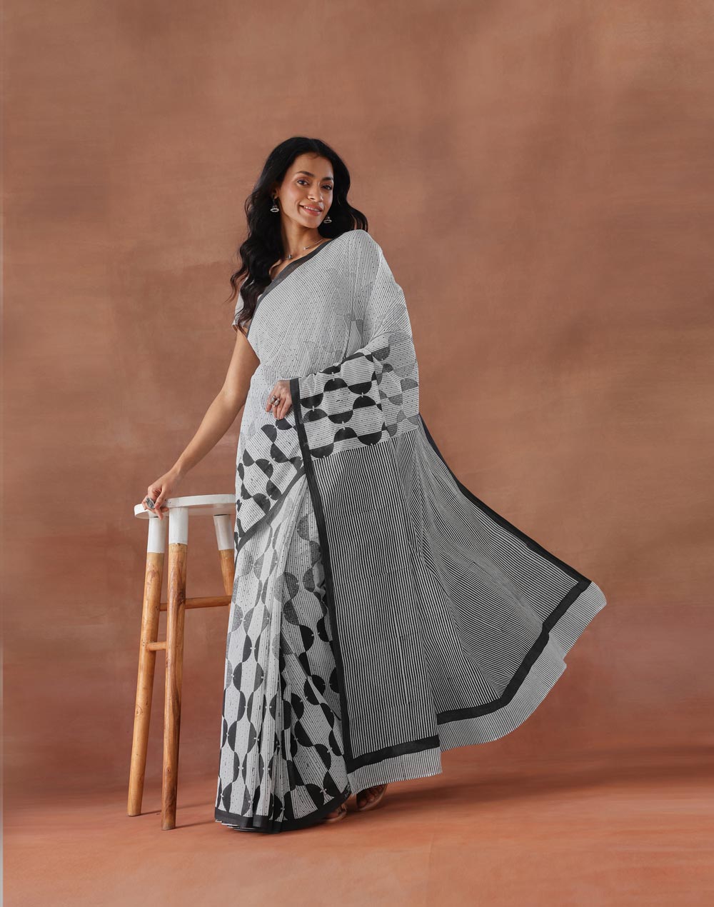 White Cotton Hand Block Printed Sari