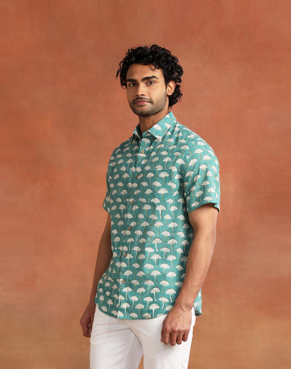Teal Cotton Hand Block Printed Slim Fit Shirt