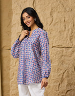 Blue-Pink Cotton Silk Hand Block Printed Clara Tunic