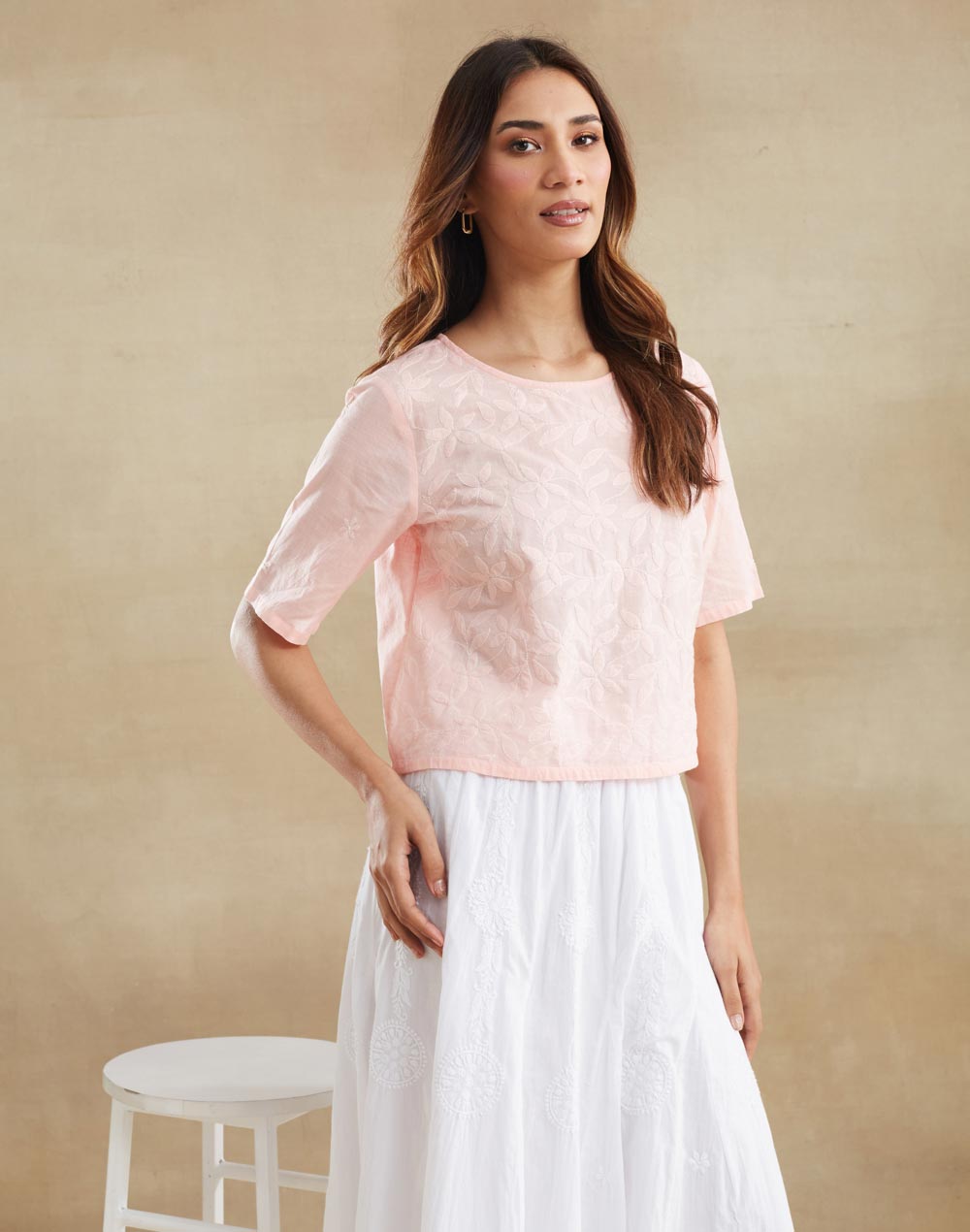 Pink Cotton Chikankari Short Top