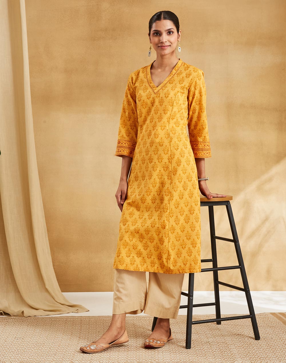 Mustard Cotton Hand Block Print Slim Fit Long Kurta