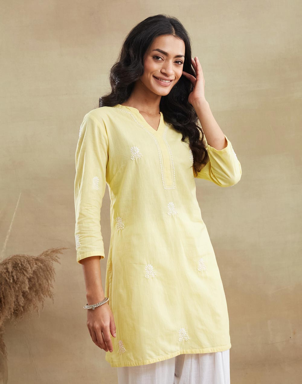 Yellow Cotton Chikankari Short Kurta