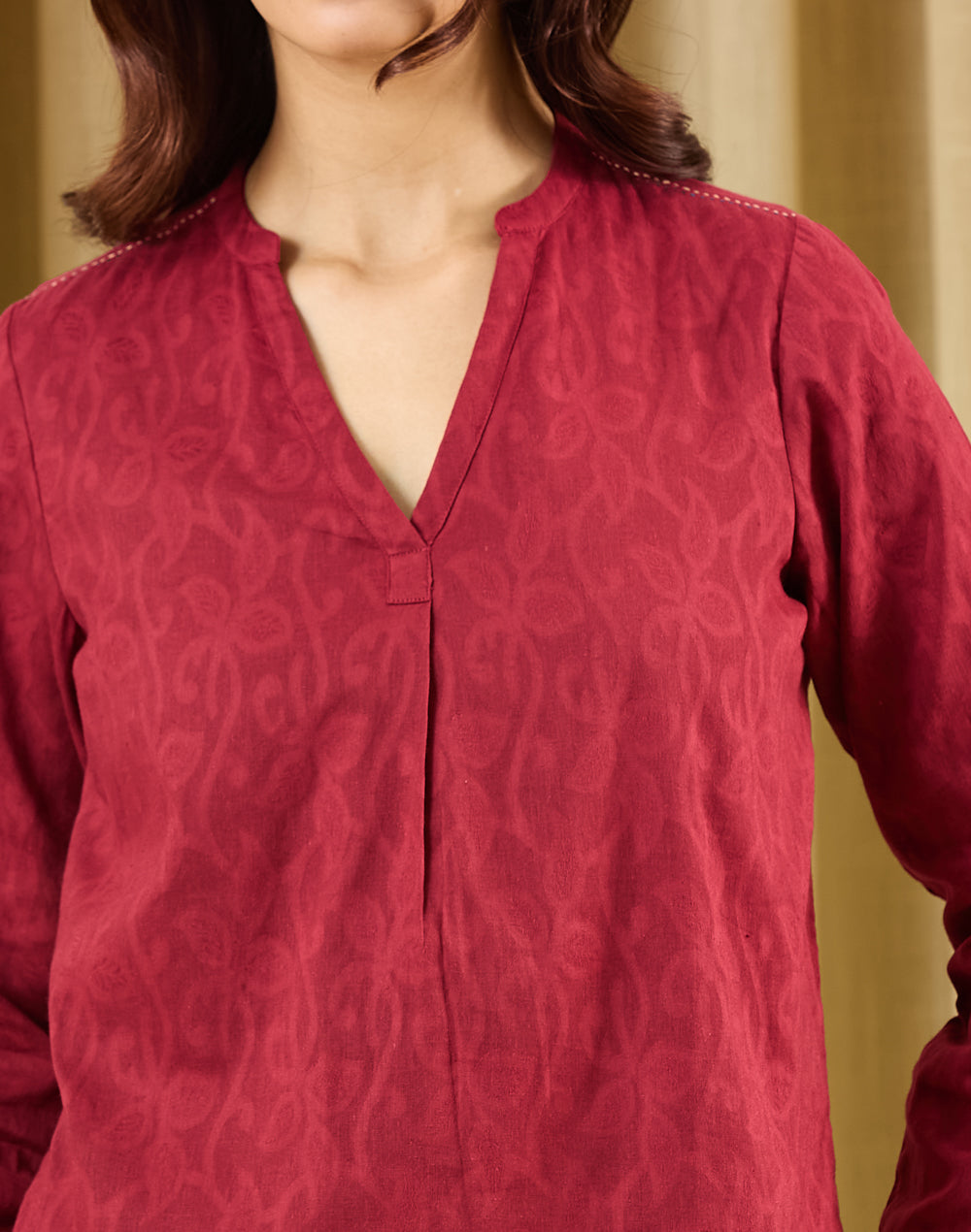 Maroon Cotton Hand Embroidered Indian Tunic for Women with hand-embroidered detailing