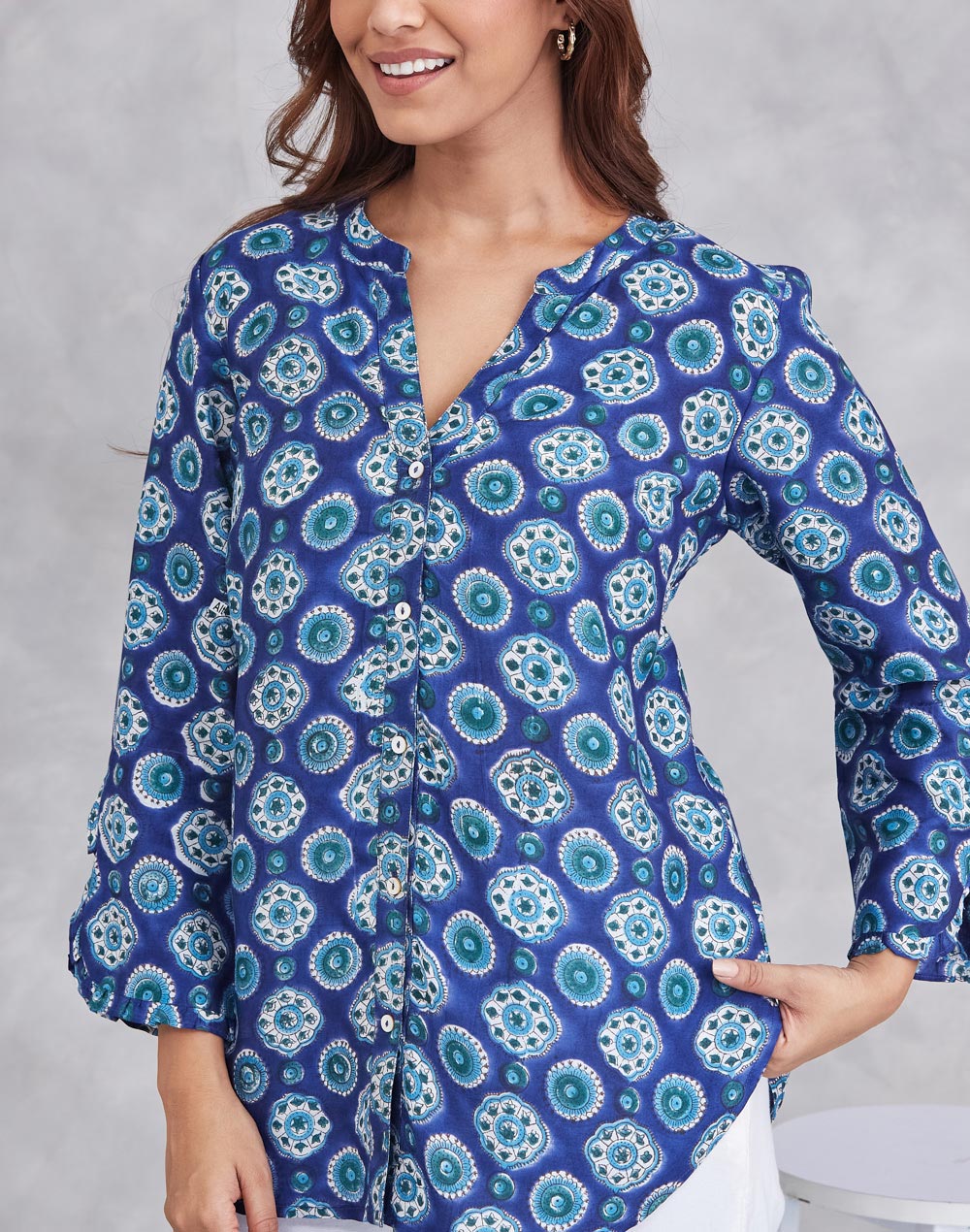 Blue Rayon Blend Hand Block Printed Shirt