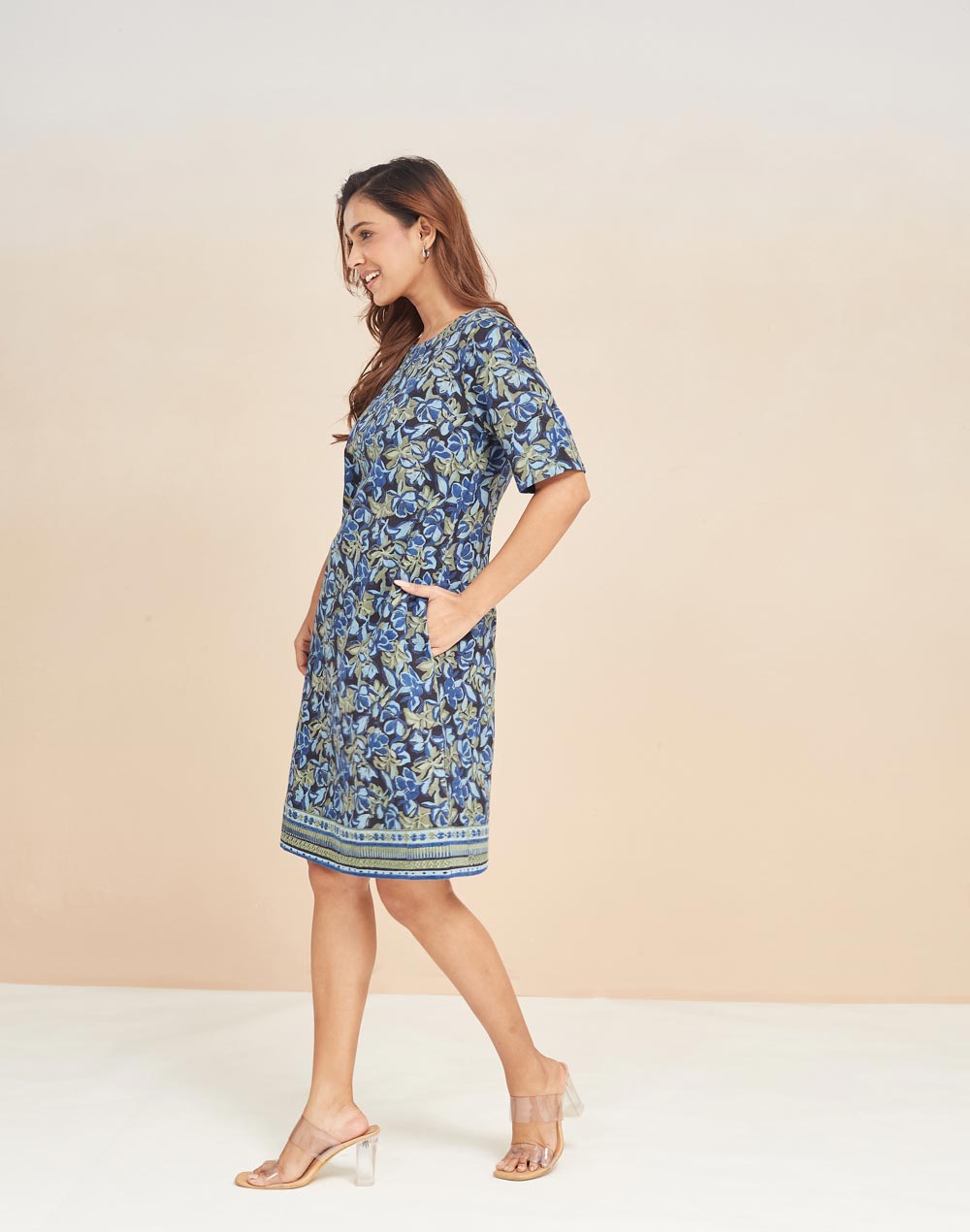 Green Cotton Hand Block Printed Short Dress