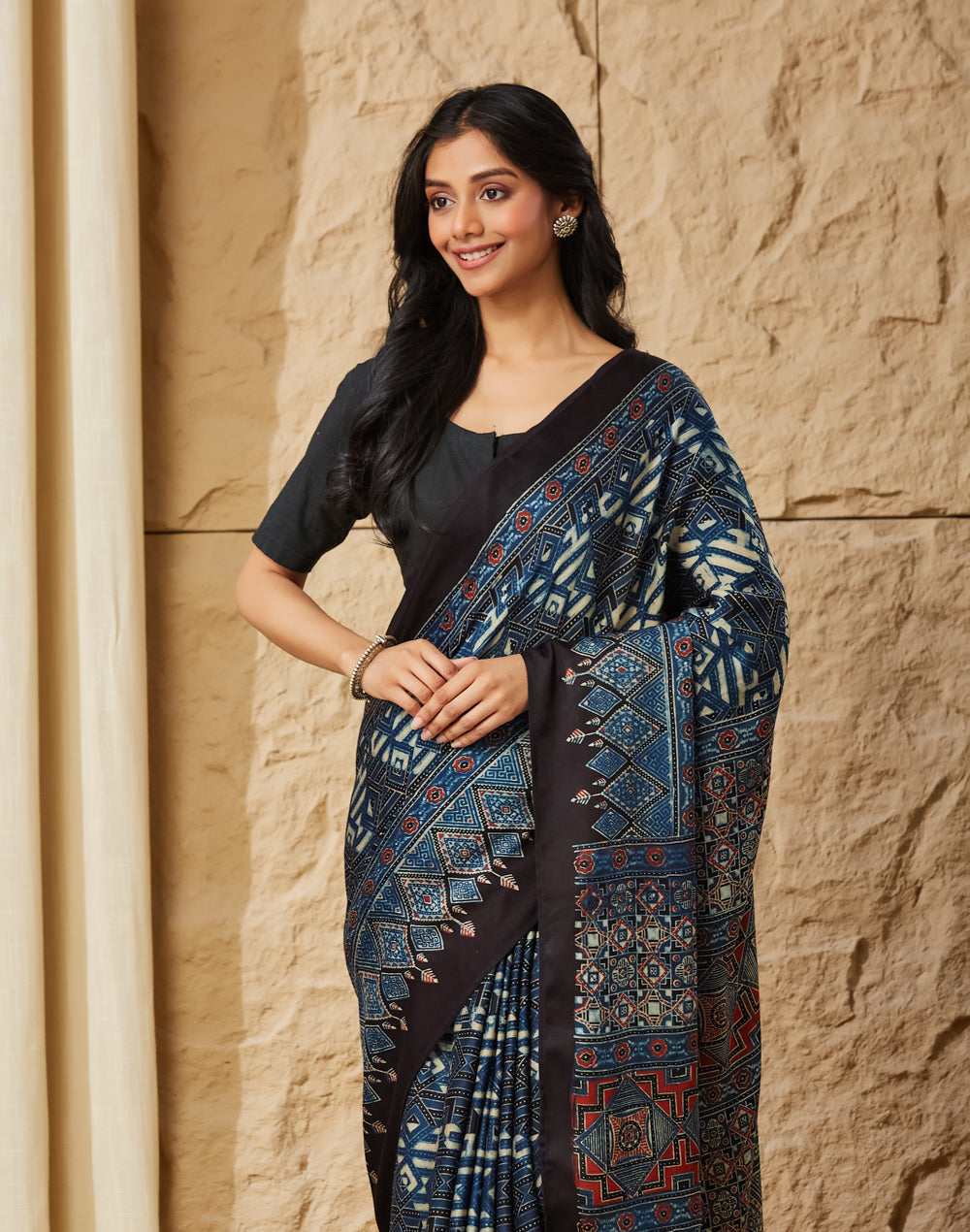 Indigo Viscose Blend Ajrakh Printed Sari