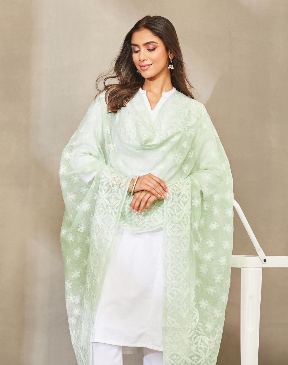Green Cotton Silk Blend Chikankari Dupatta