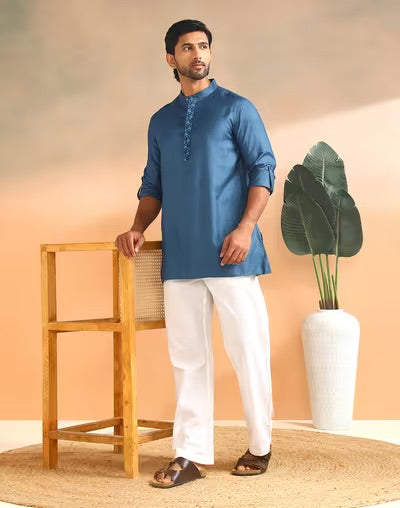 Blue Short Kurta styled for festive occasions