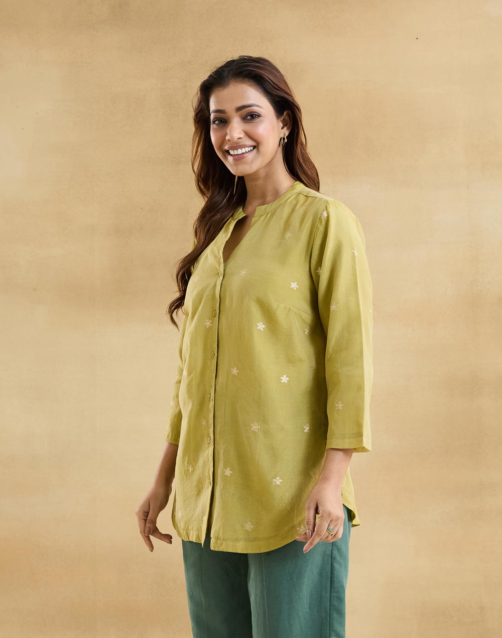 Green Cotton Silk Hand Embroidered Tunic
