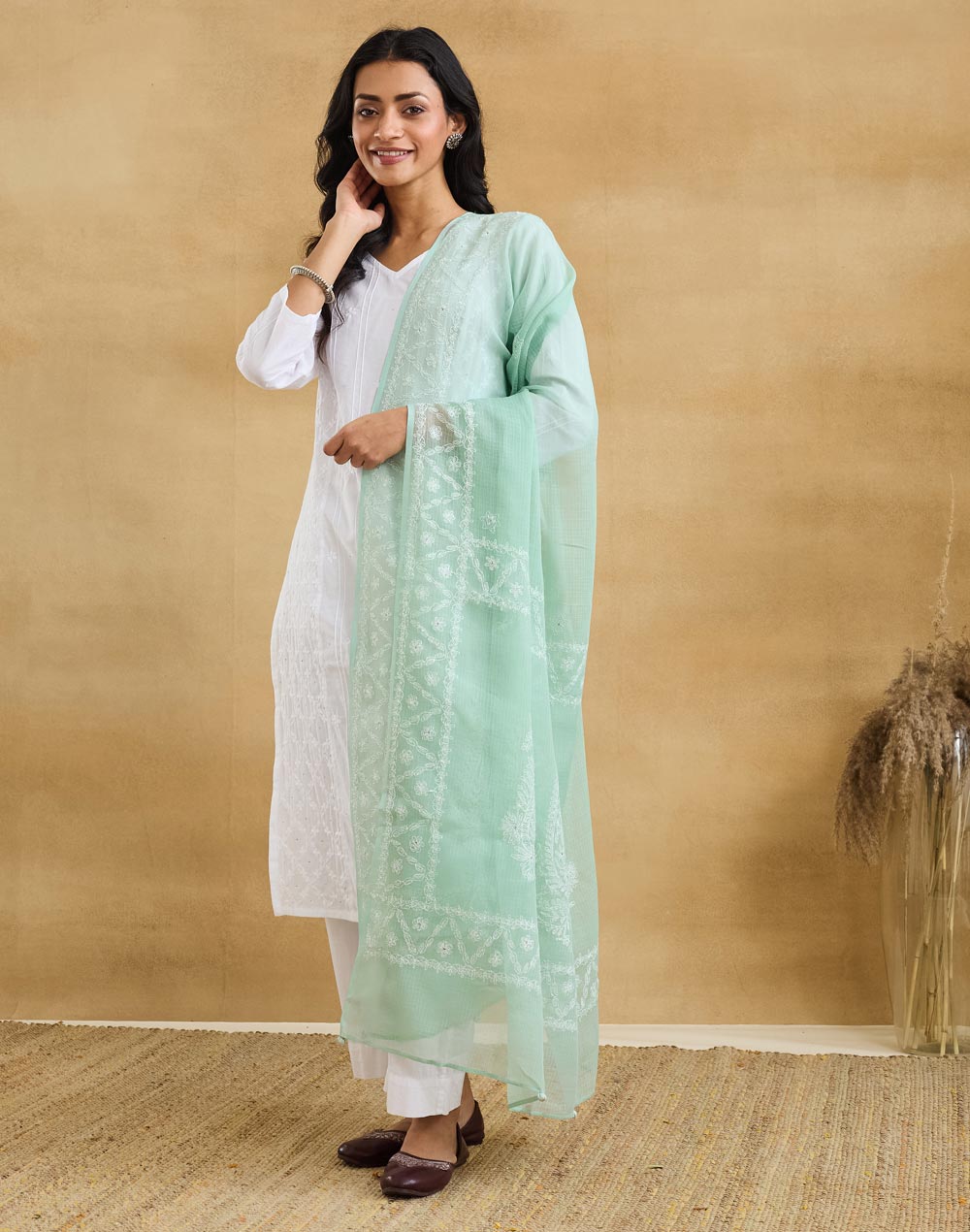 Blue Cotton Silk Blend Chikankari Dupatta