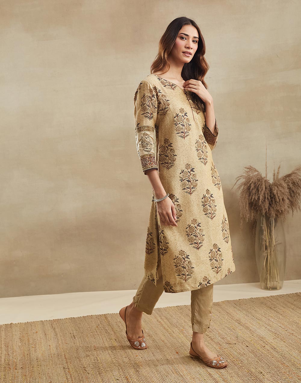 Beige Cotton Silk Long Kurta