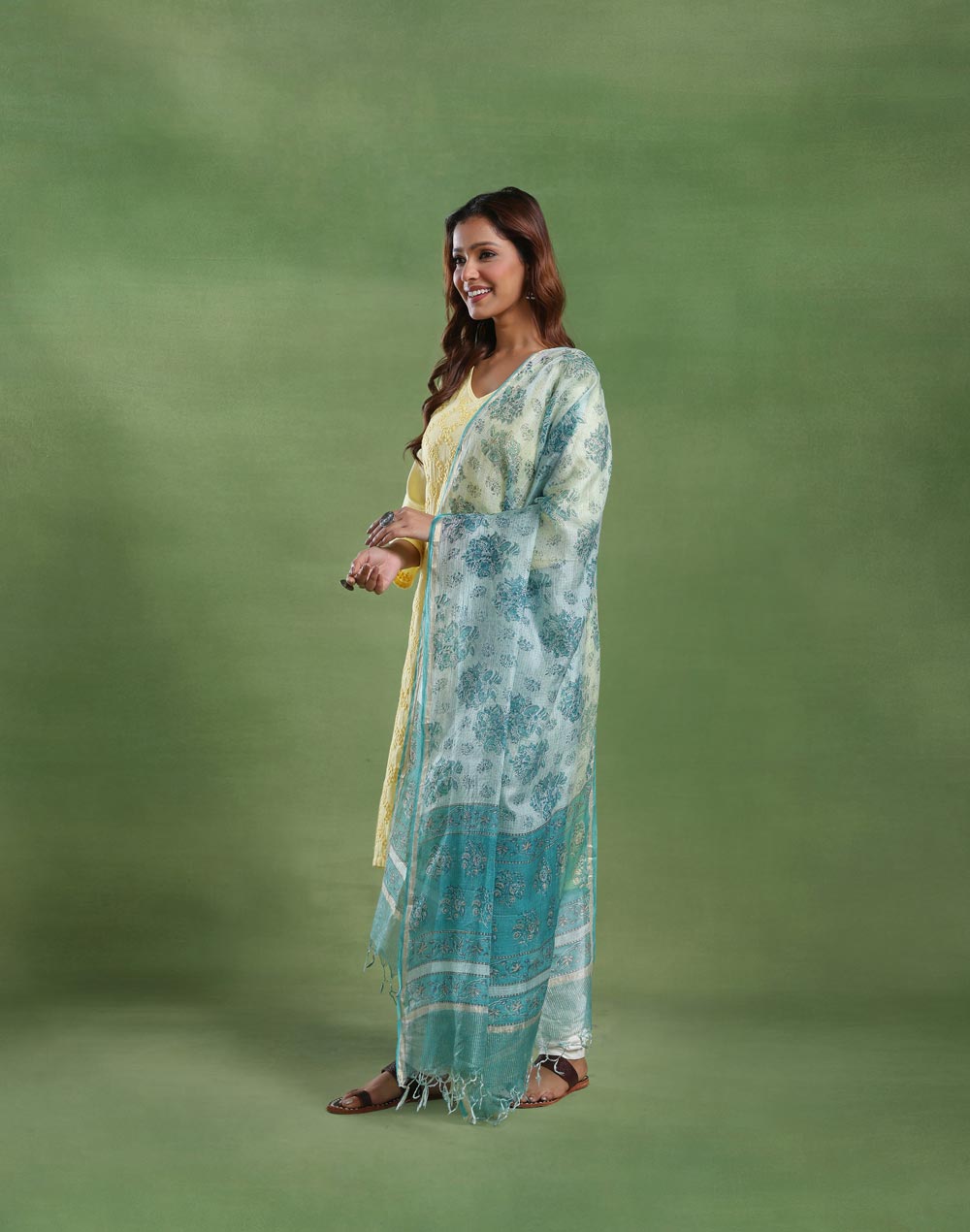 Turquoise Silk Blend Hand Block Printed Dupatta