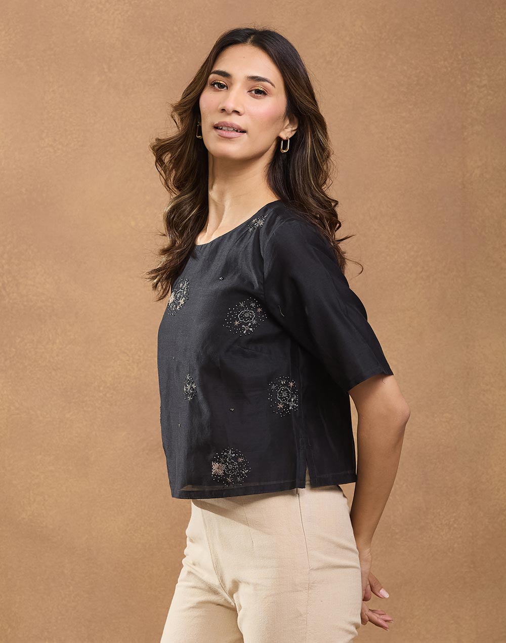 Black Cotton Silk Embroidered Short Top