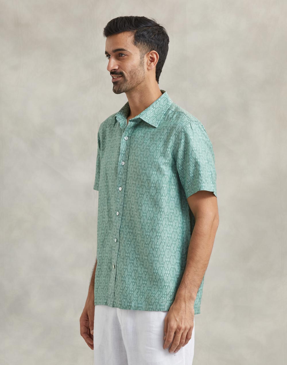 Teal Viscose Silk Hand Block Printed Bush Shirt