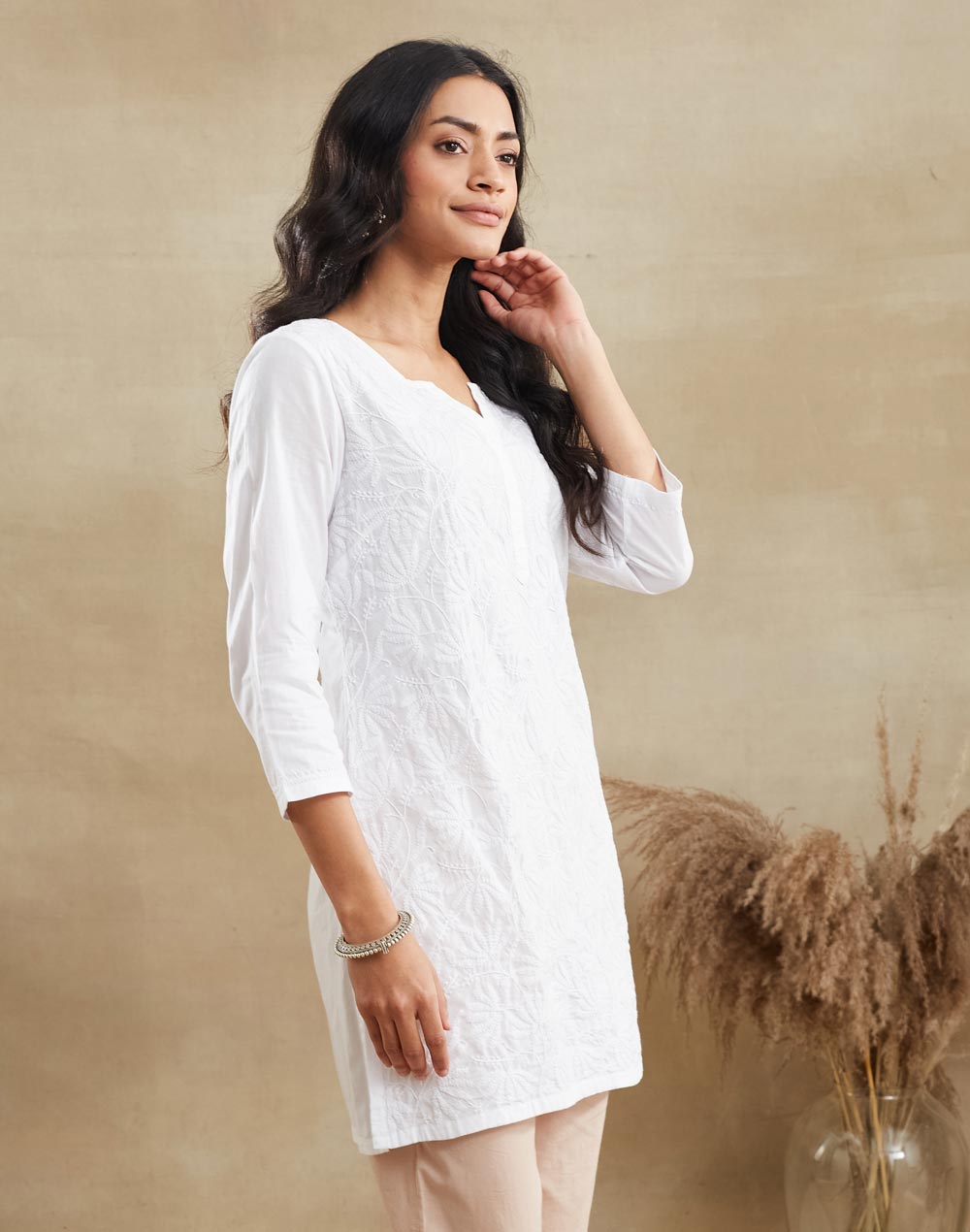 White Cotton Chikankari Short Kurta
