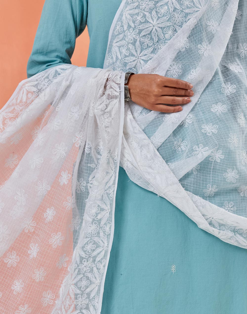White Cotton Silk Blend Chikankari Dupatta