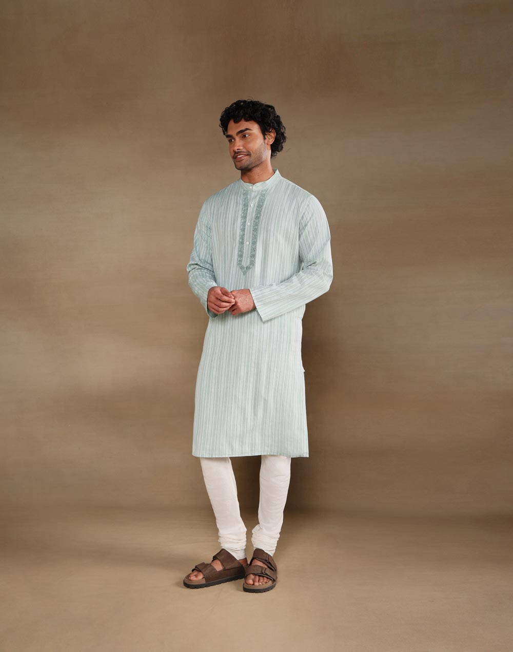 Green Cotton Chikankari Slim Fit Long Kurta