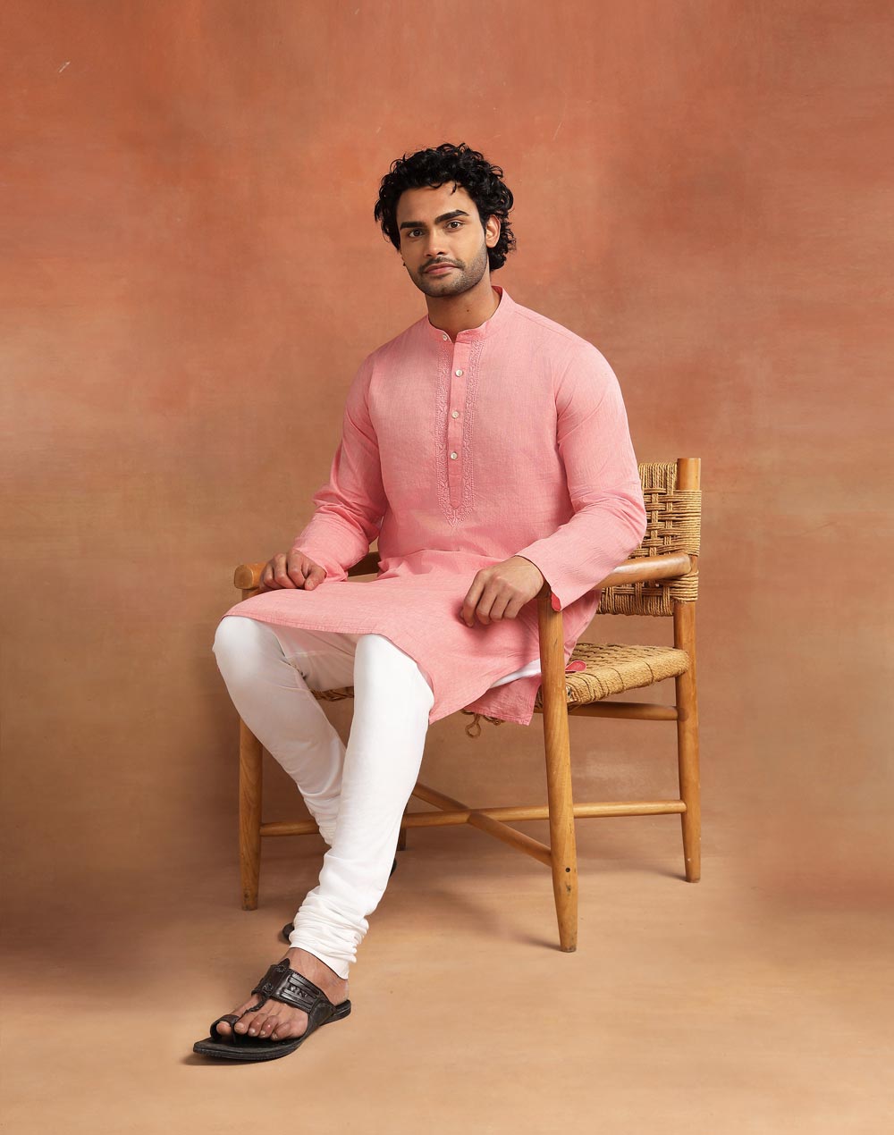 Pink Cotton Chikankari Slim Fit Long Kurta