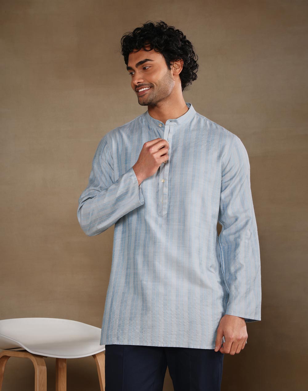 Light Blue Viscose Silk Blend Zari Stripe Short Kurta