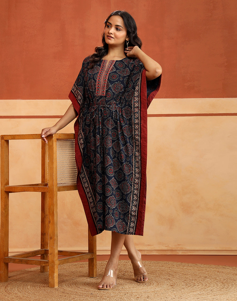 Blue-Red Cotton Ajrakh Printed Kaftan