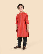 Red Viscose Blend Stripe Long Kurta