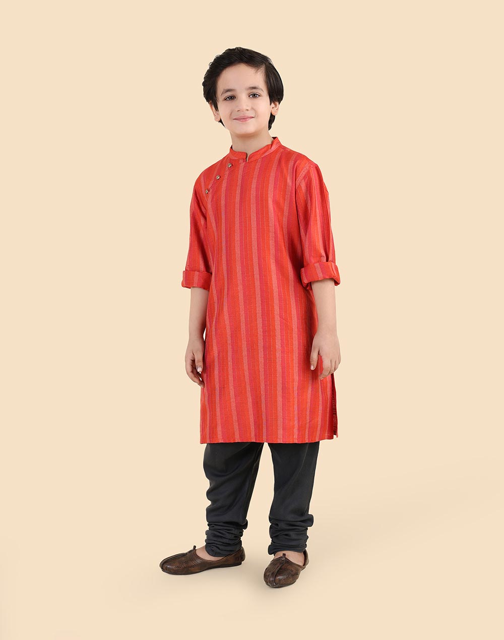 Red Viscose Blend Stripe Long Kurta