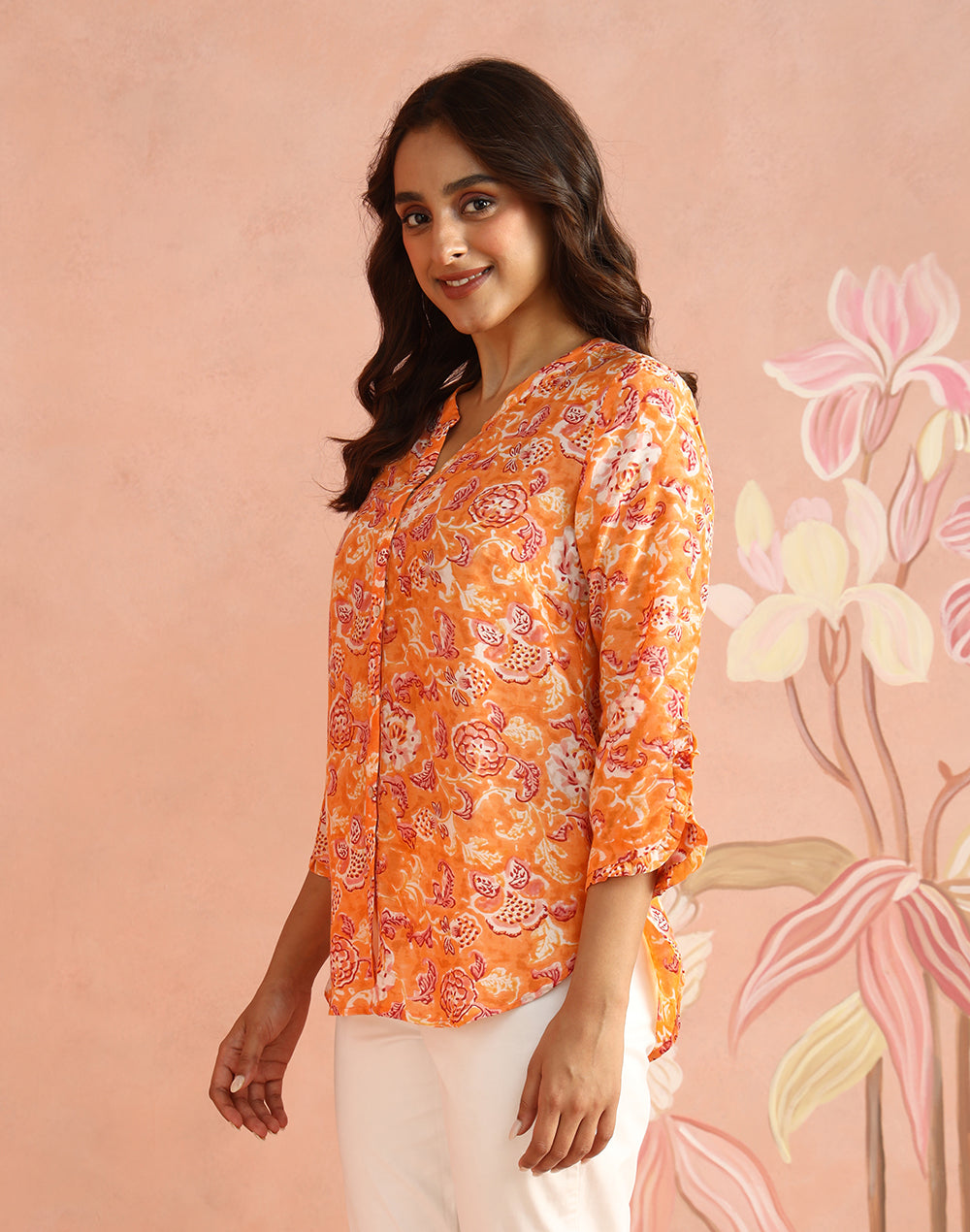 Peach Block Print Floral Shirt with Chinese collar placket and three-quarter sleeves