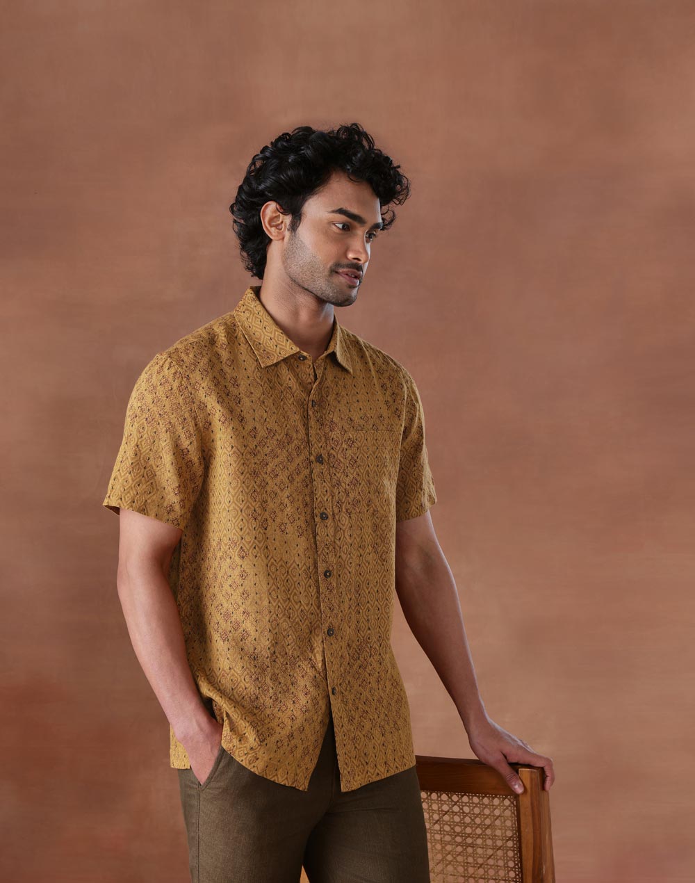 Mustard Linen Hand Block Printed Bush Shirt